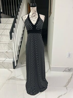 Enfocus Studio Vtg Black and White Polka Dot Halter Stretch Long Dress Size 6